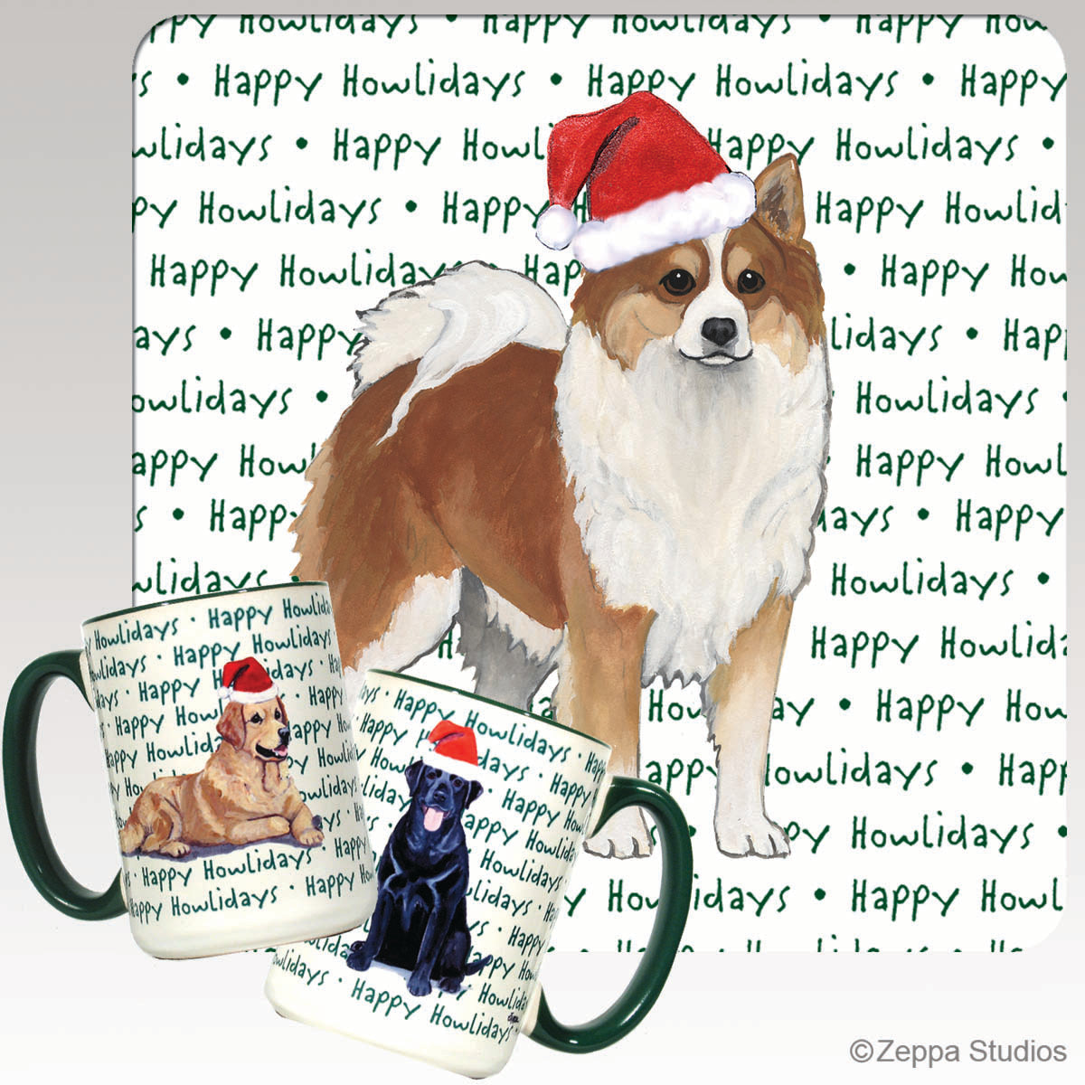 Icelandic Sheepdog wearing a Santa hat on 'Happy Howlidays' mugs.