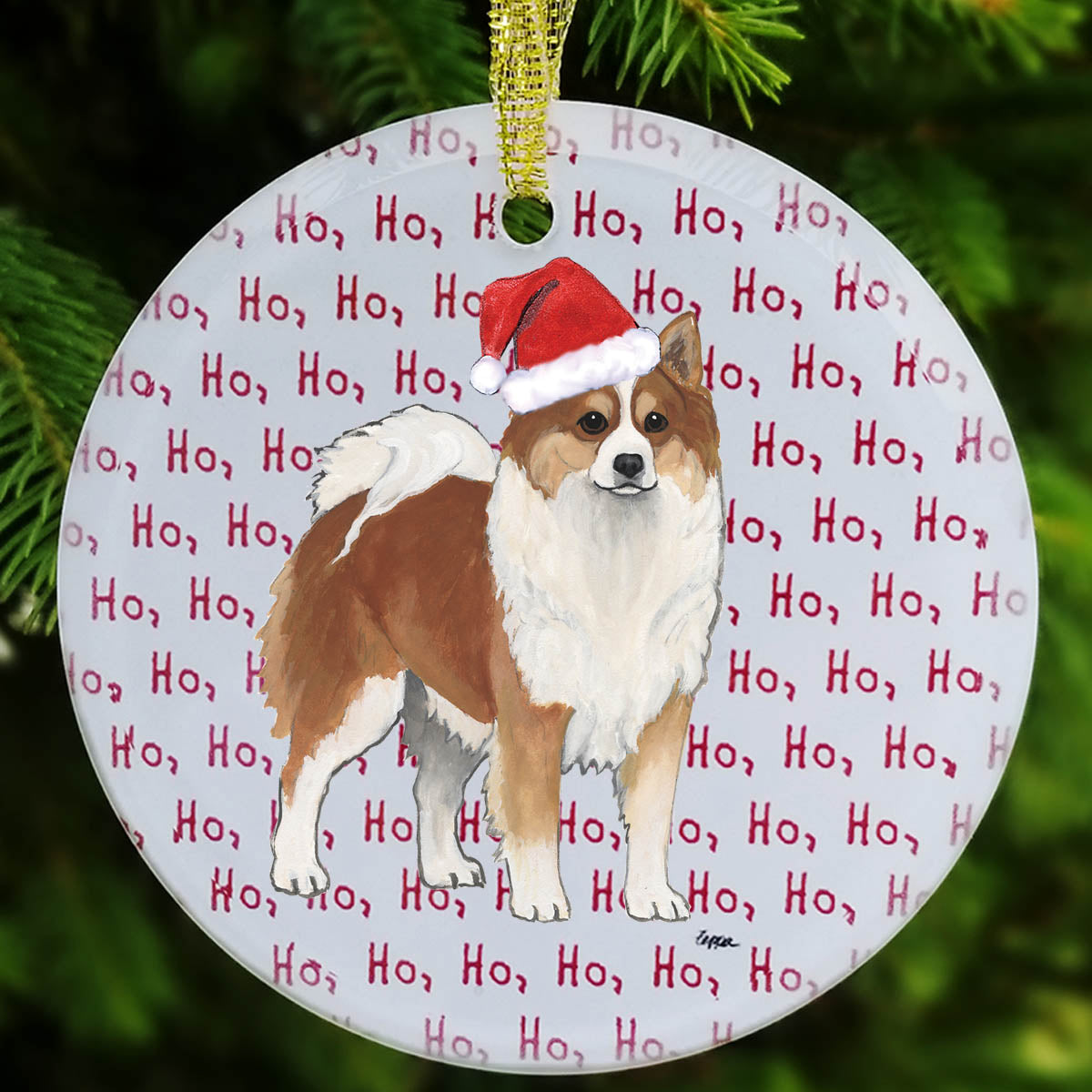 Icelandic Sheepdog wearing a Santa hat on 'Ho Ho Ho' glass Christmas ornament.