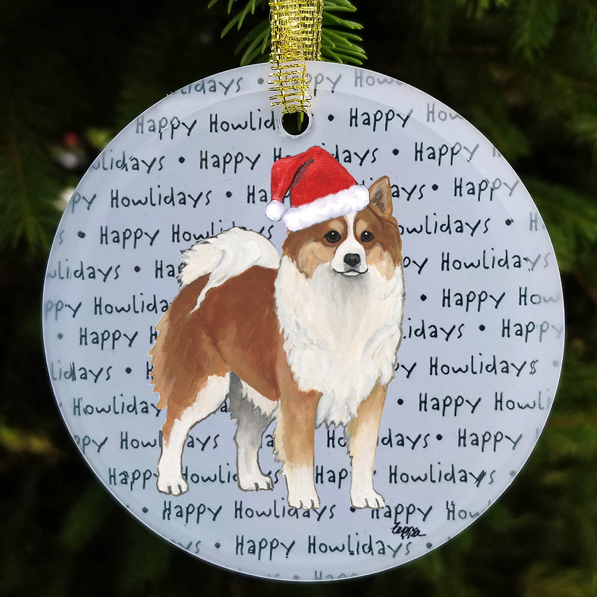 Icelandic Sheepdog wearing a Santa hat on 'Happy Howlidays' glass Christmas ornament.