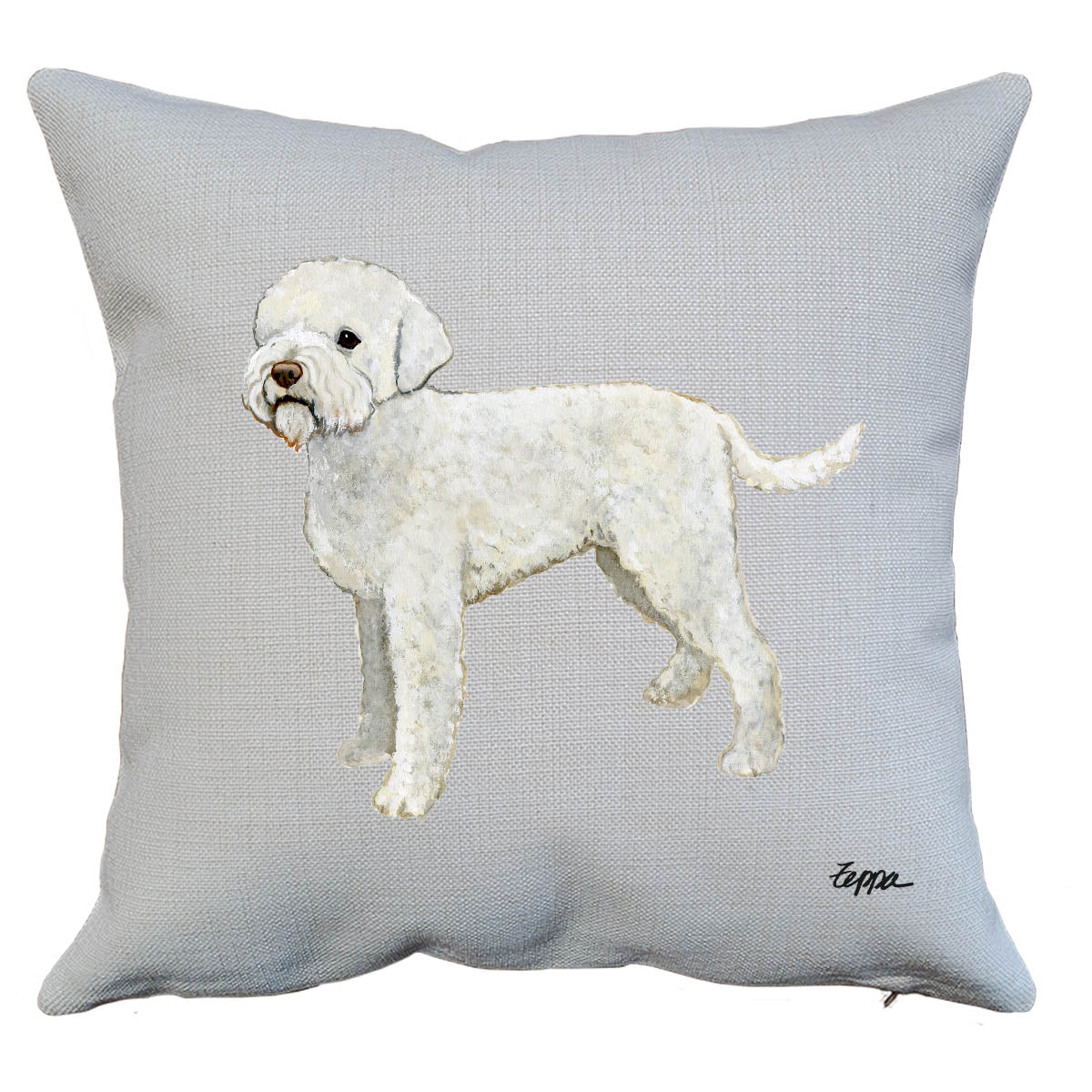 Pillow with a Lagotto Romagnolo illustration on a linen background.