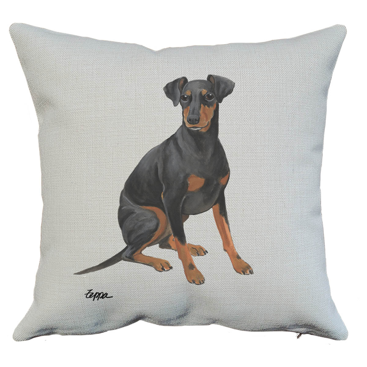 Manchester Terrier illustration on a linen throw pillow.