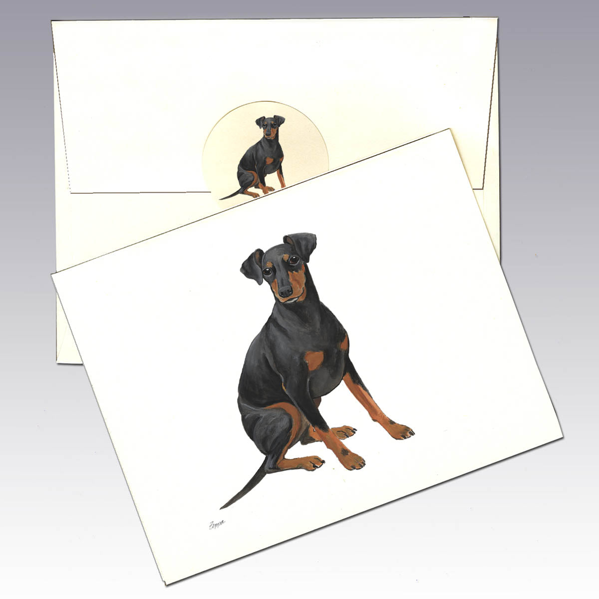 Manchester Terrier painting reproduced on an ivory note card with matching envelope and seal.