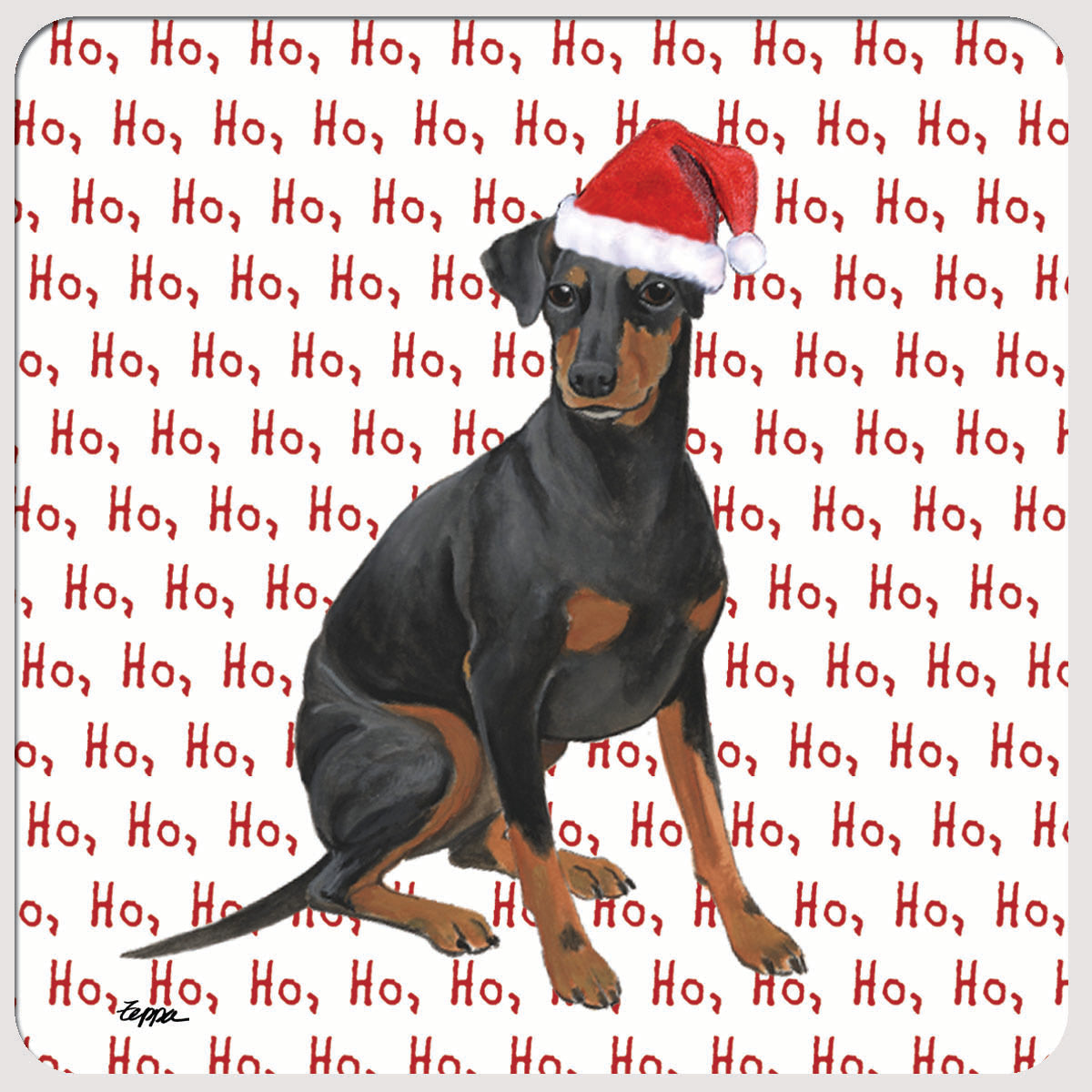 White poly/rubber beverage coaster with a Manchester Terrier in a Santa Hat on a repeating Ho Ho Ho background.