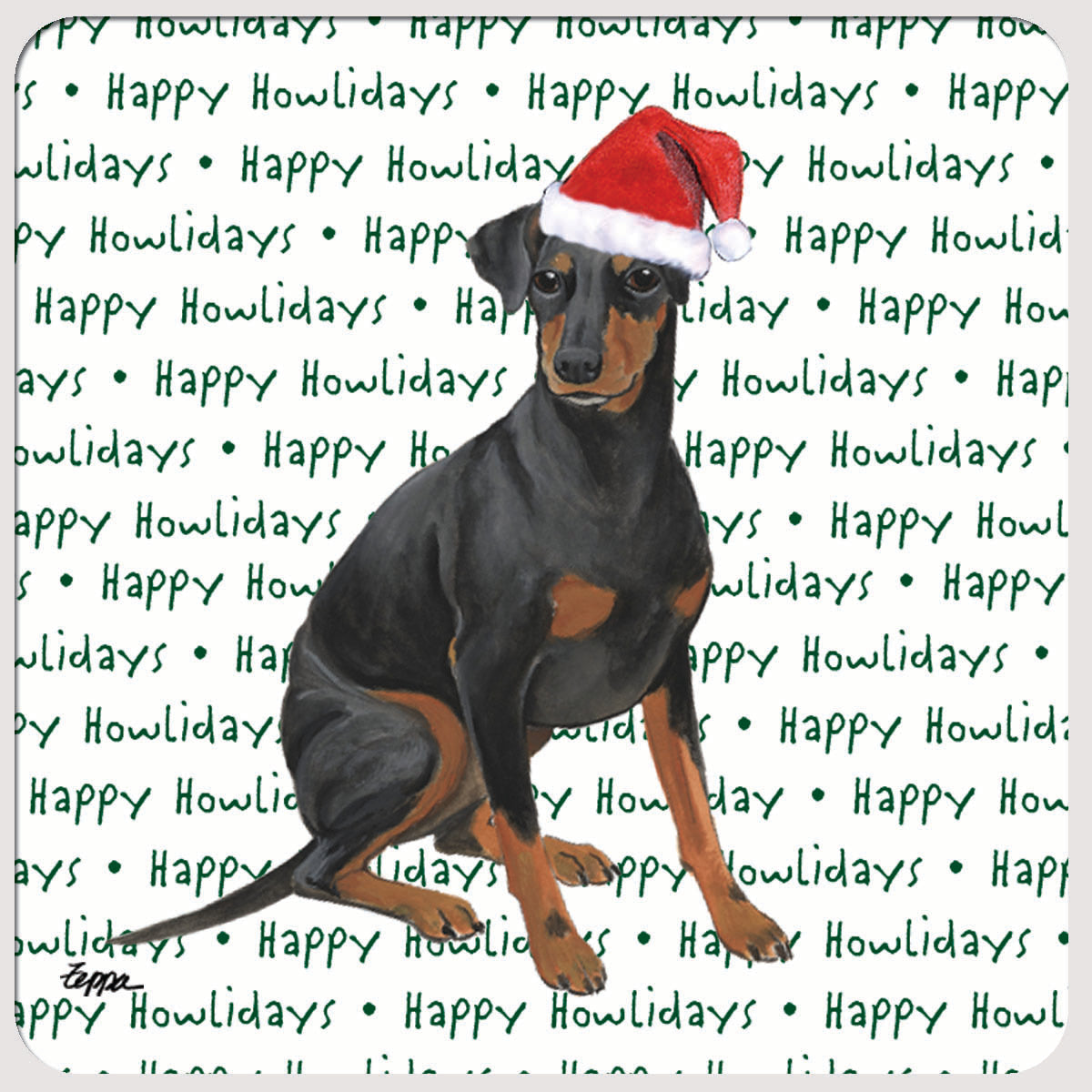 White poly/rubber beverage coaster with a Manchester Terrier in a Santa Hat on a repeating Happy Howlidays background.
