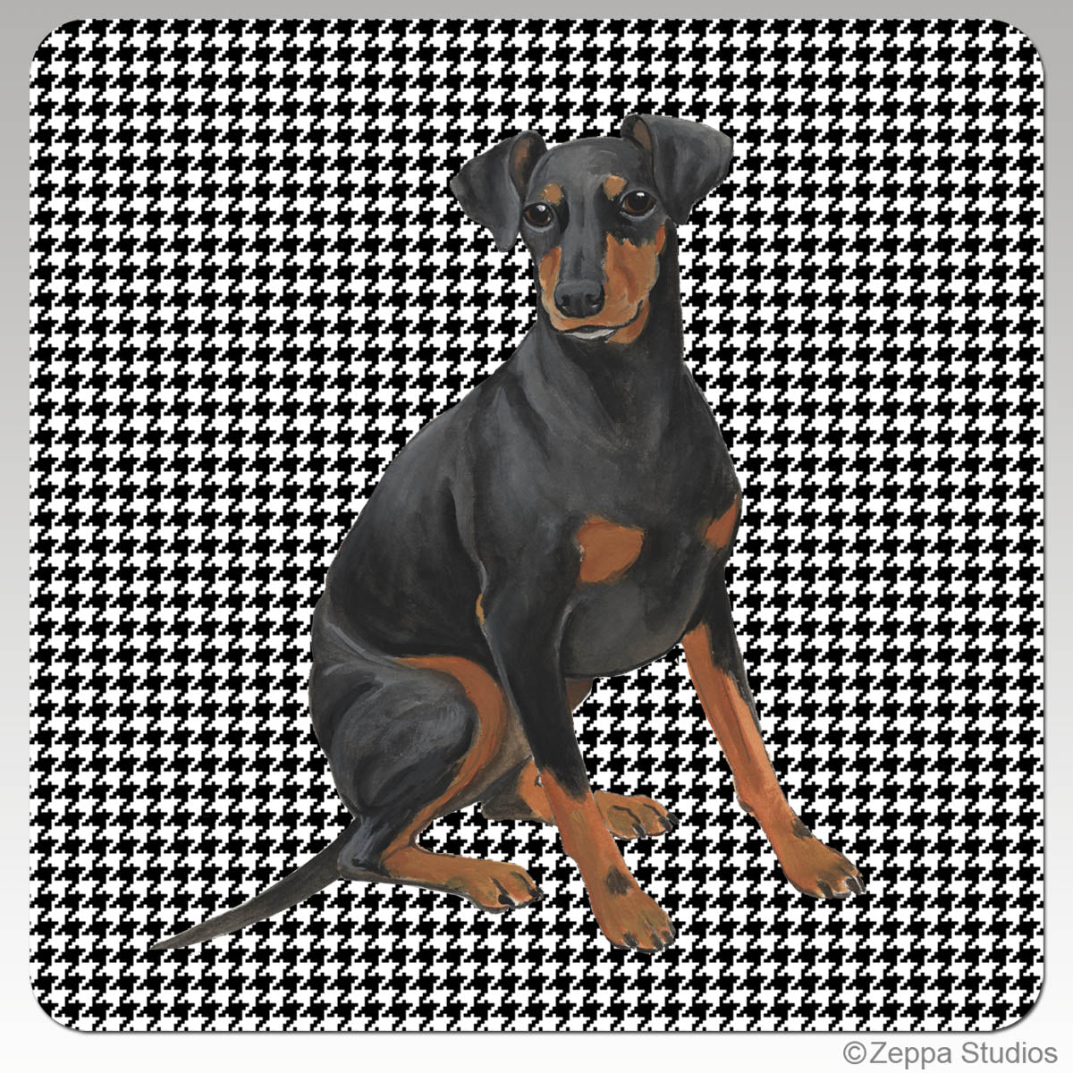 Poly/Rubber beverage coaster with a Manchester Terrier on a houndstooth background.