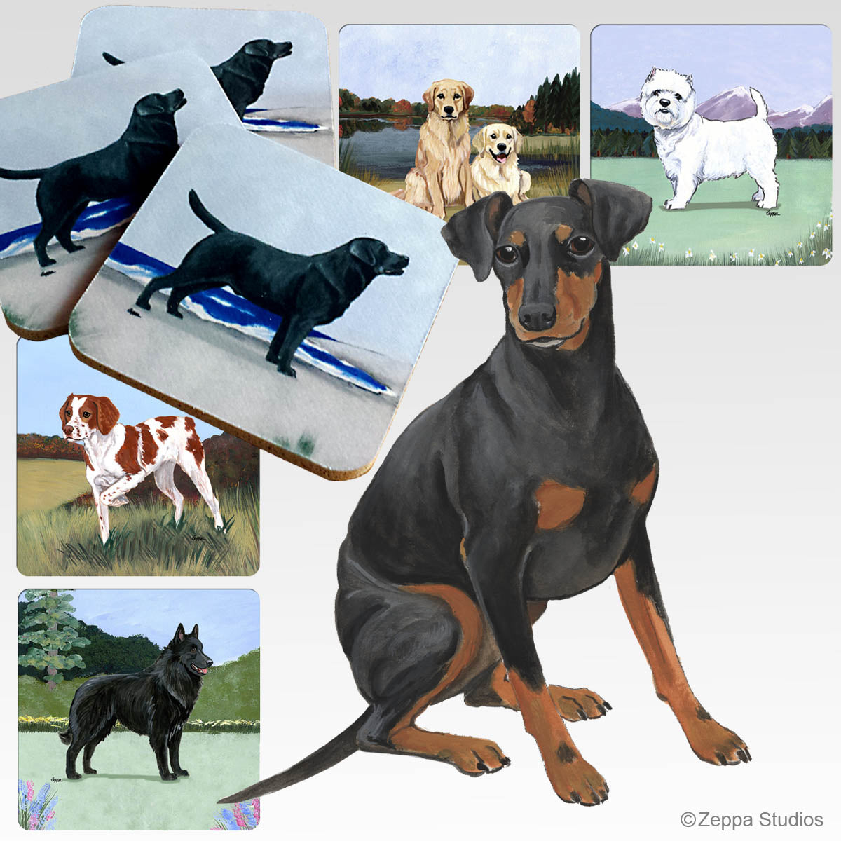 Illustration of a Manchester Terrier and scenic backgrounds for poly/rubber beverage coasters.