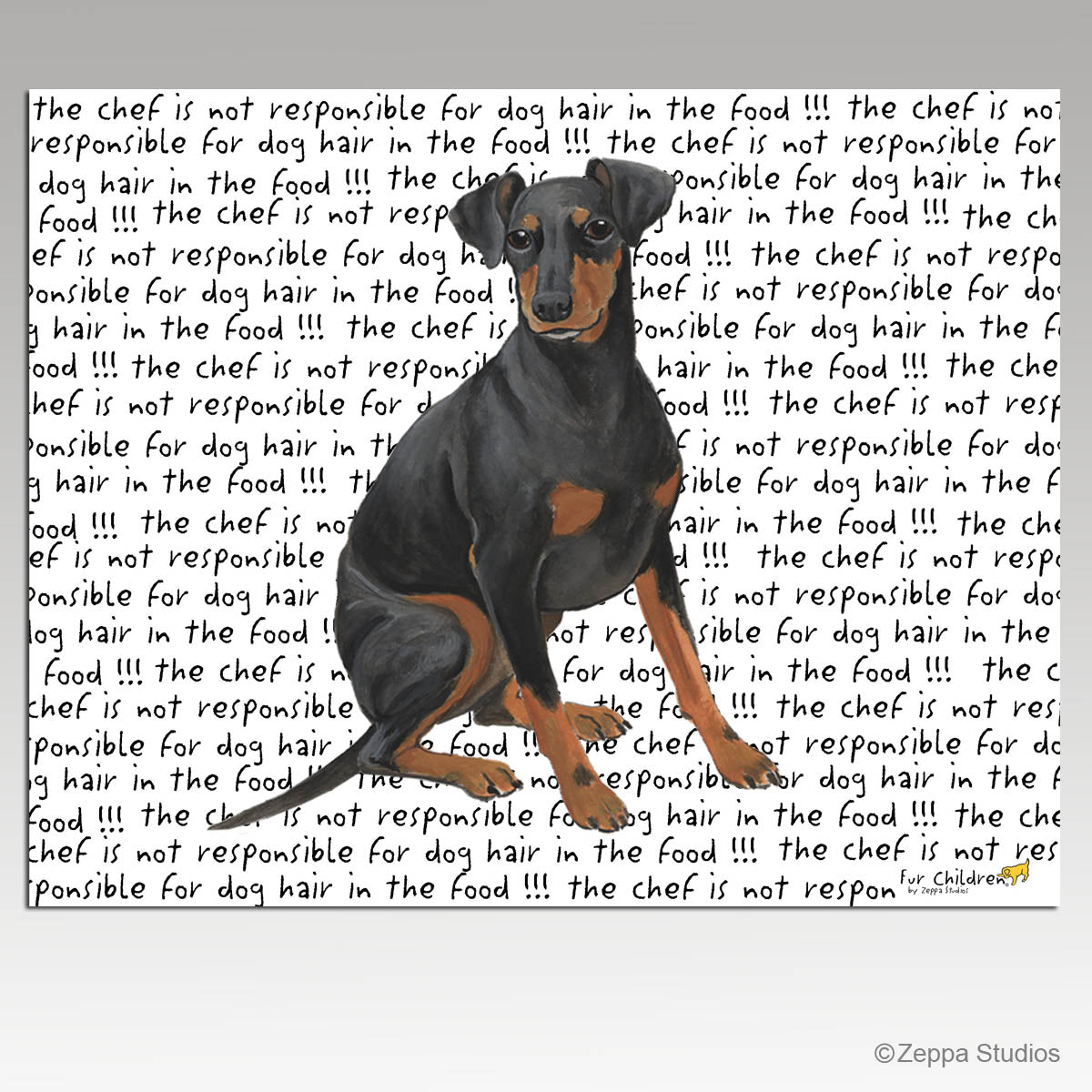 Illustration of a Manchester Terrier on a repeating text background on a tempered glass cuttingboard.