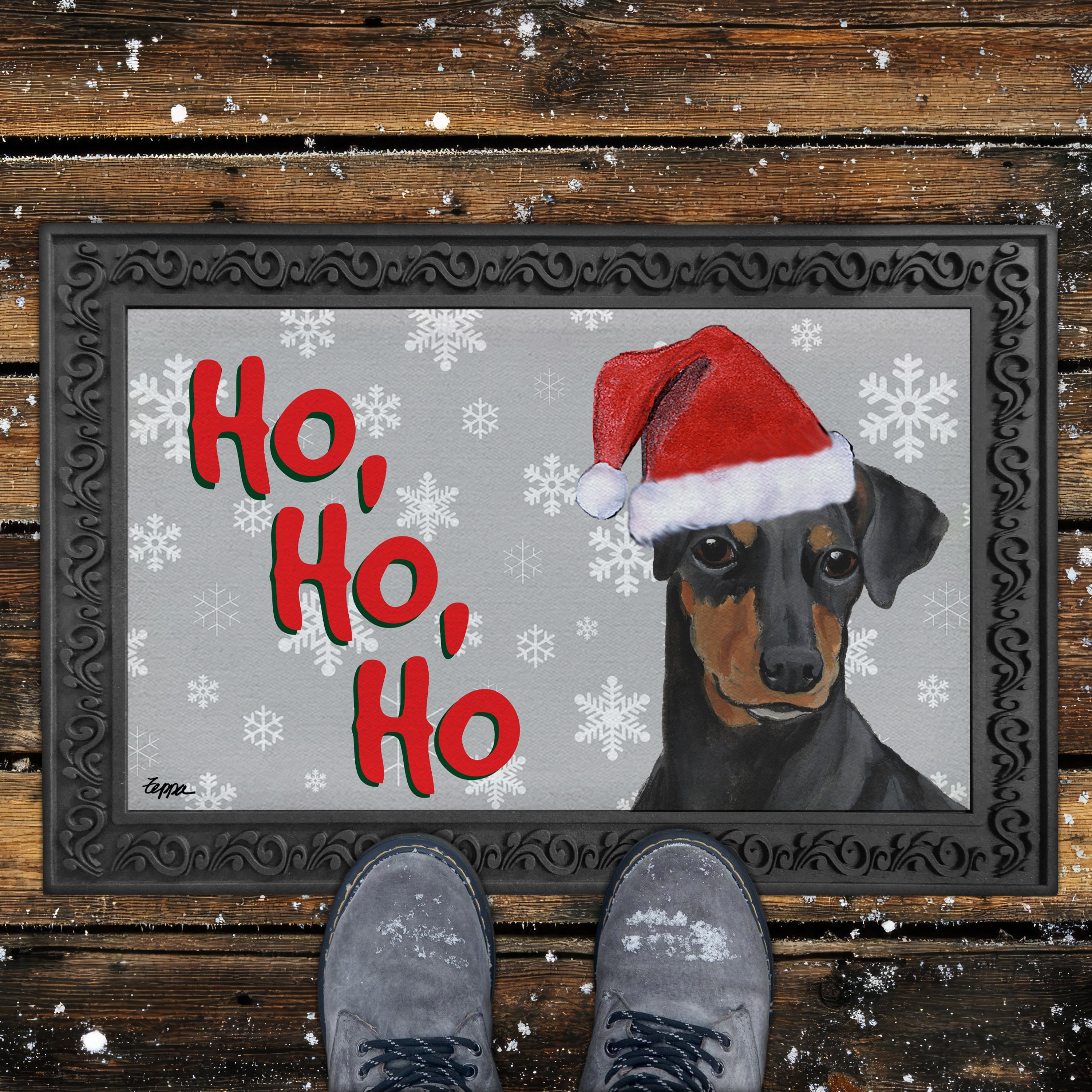 Manchester Terrier Ho Ho Ho Doormat in Grey.