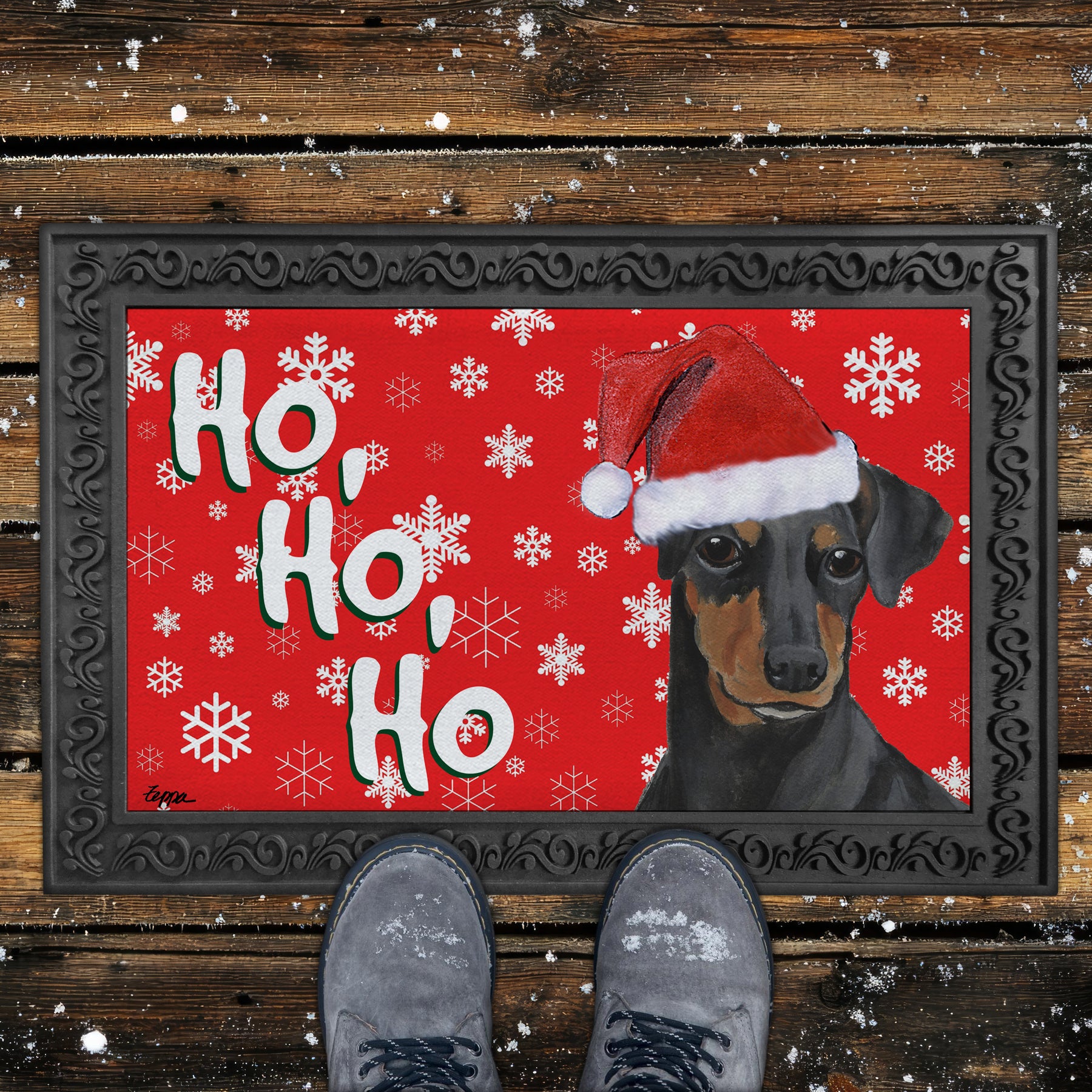 Manchester Terrier Ho Ho Ho Doormat in Red.