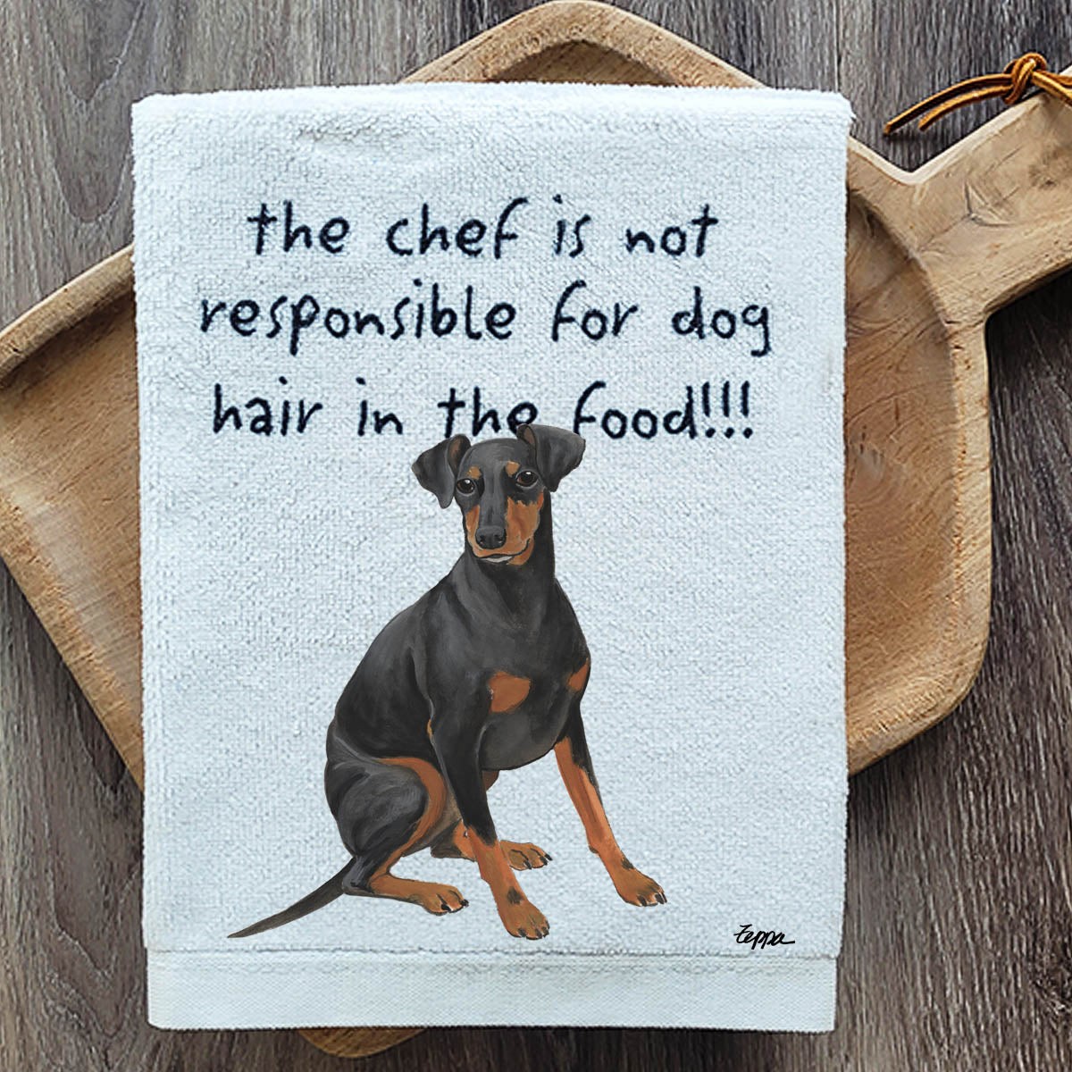 Manchester Terrier illustration on a humorouse poly/cotton kitchen towel.
