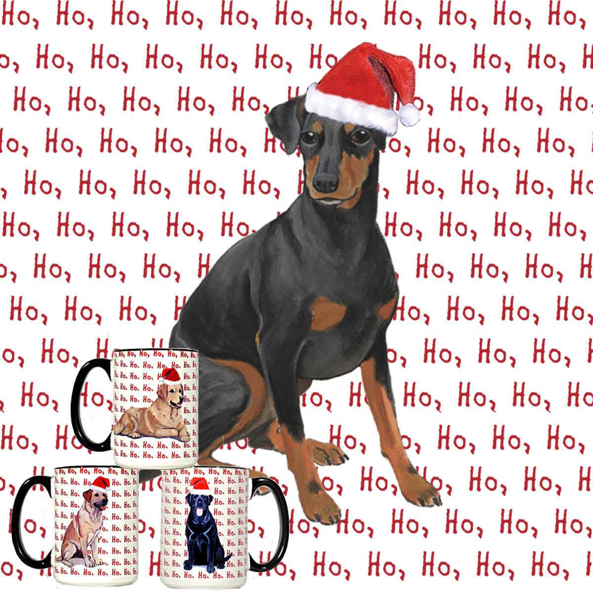 White ceramic mug with black trim and a Manchester Terrier in a Santa Hat on a repeating Ho Ho Ho background.