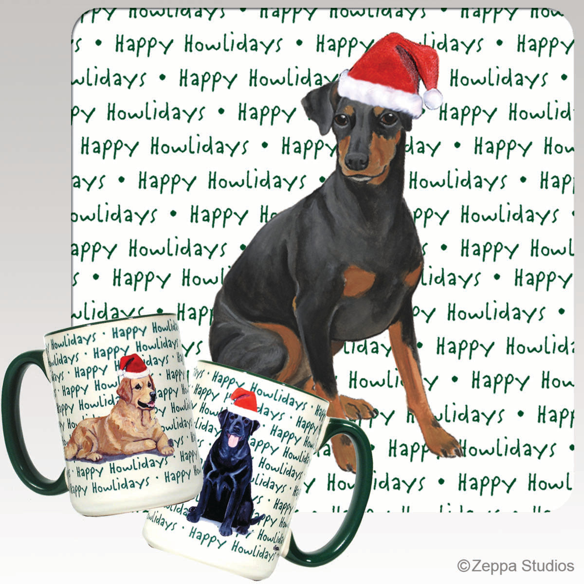 White ceramic mug with green trim and a Manchester Terrier in a Santa Hat on a repeating Happy Howlidays background.