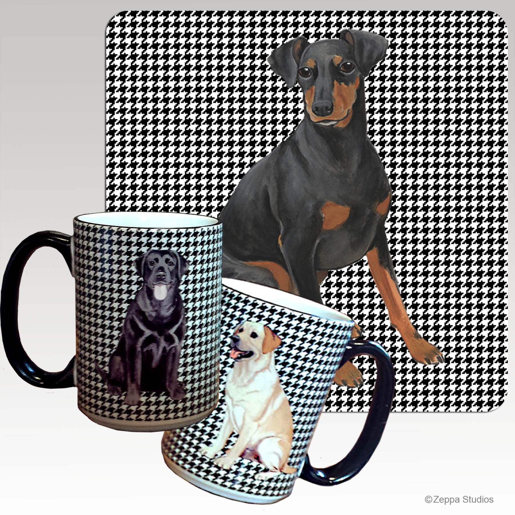 White ceramic mug with black trim and a Manchester Terrier on a houndstooth wrap background.
