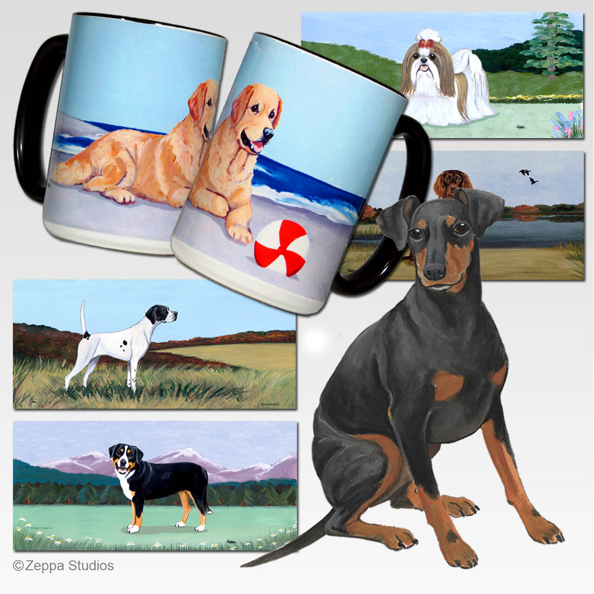 Manchester Terrier design and 5 background scenes available for ceramic wrap design mugs.
