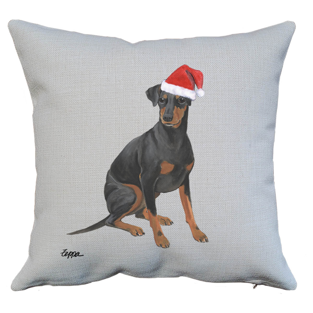 Manchester Terrier in a Santa Hat on a linen throw pillow.