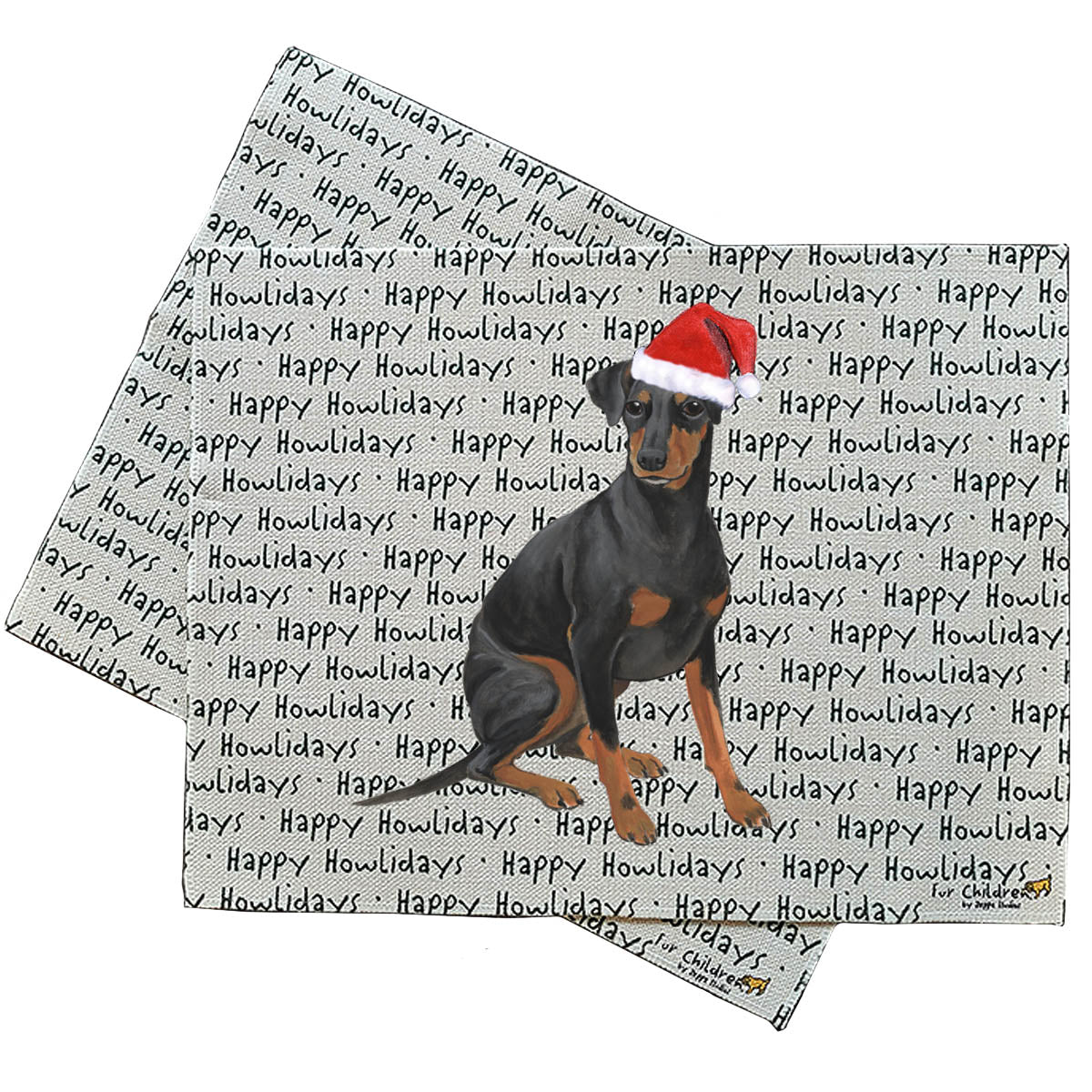 Manchester Terrier in a Santa Hat on a repeating Happy Howlidays background on a linen placemat.