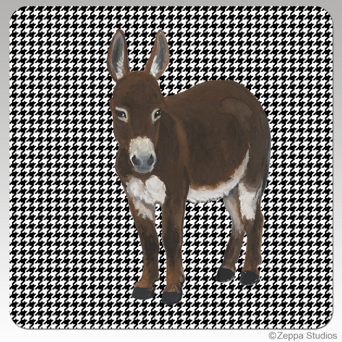 A square coaster with rounded corners featuring a brown minidonkey standing in front of a black and white houndstooth pattern.