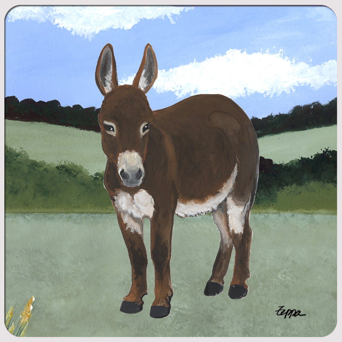 Mini Donkey in a landscape on a square beverage coaster.