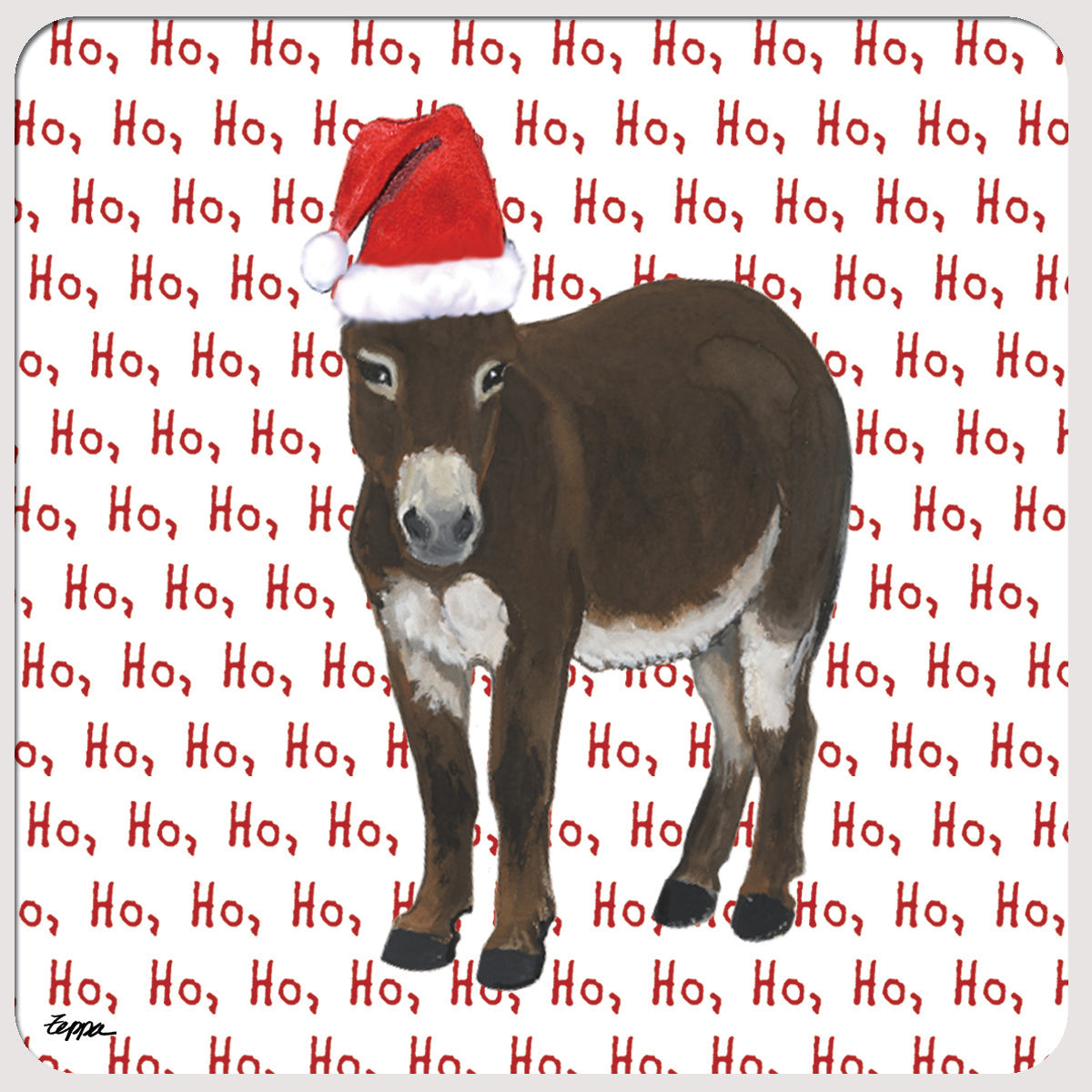 A square beverage coaster featuring a brown mini donkey wearing a red Santa hat, set against a white background filled with repeated red 'Ho, Ho, Ho' text.