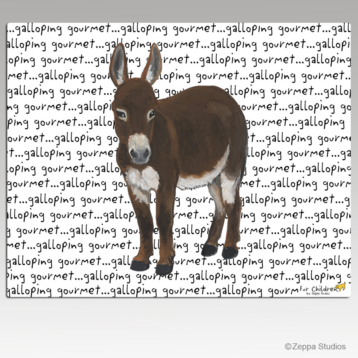 A tempered glass cutting board featuring a brown and white mini donkey standing in front of a white background filled with repeating black text that reads 'galloping gourmet.