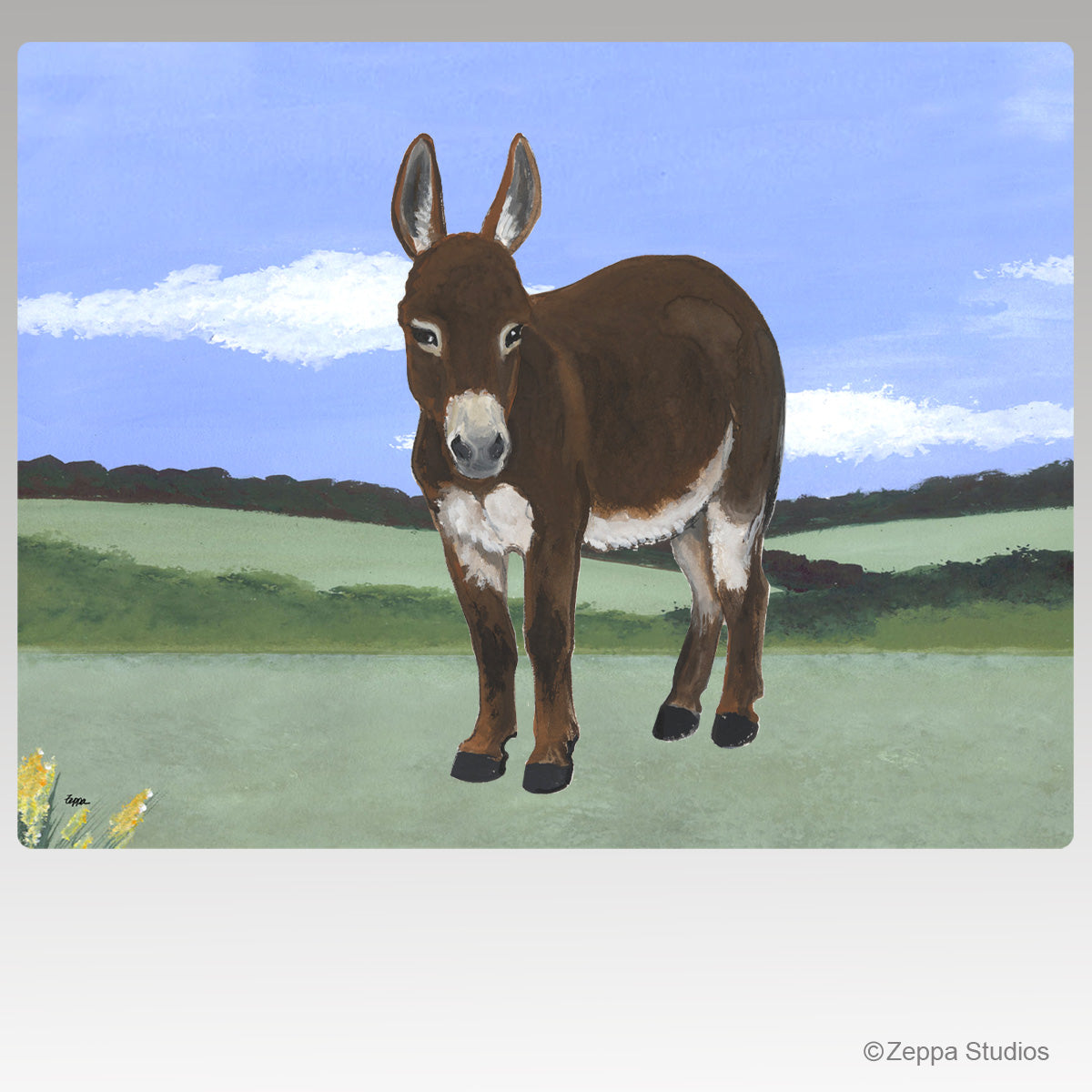 An illustration of a brown mini donkey  in a grassy landscape on a tempered glass cutting board.