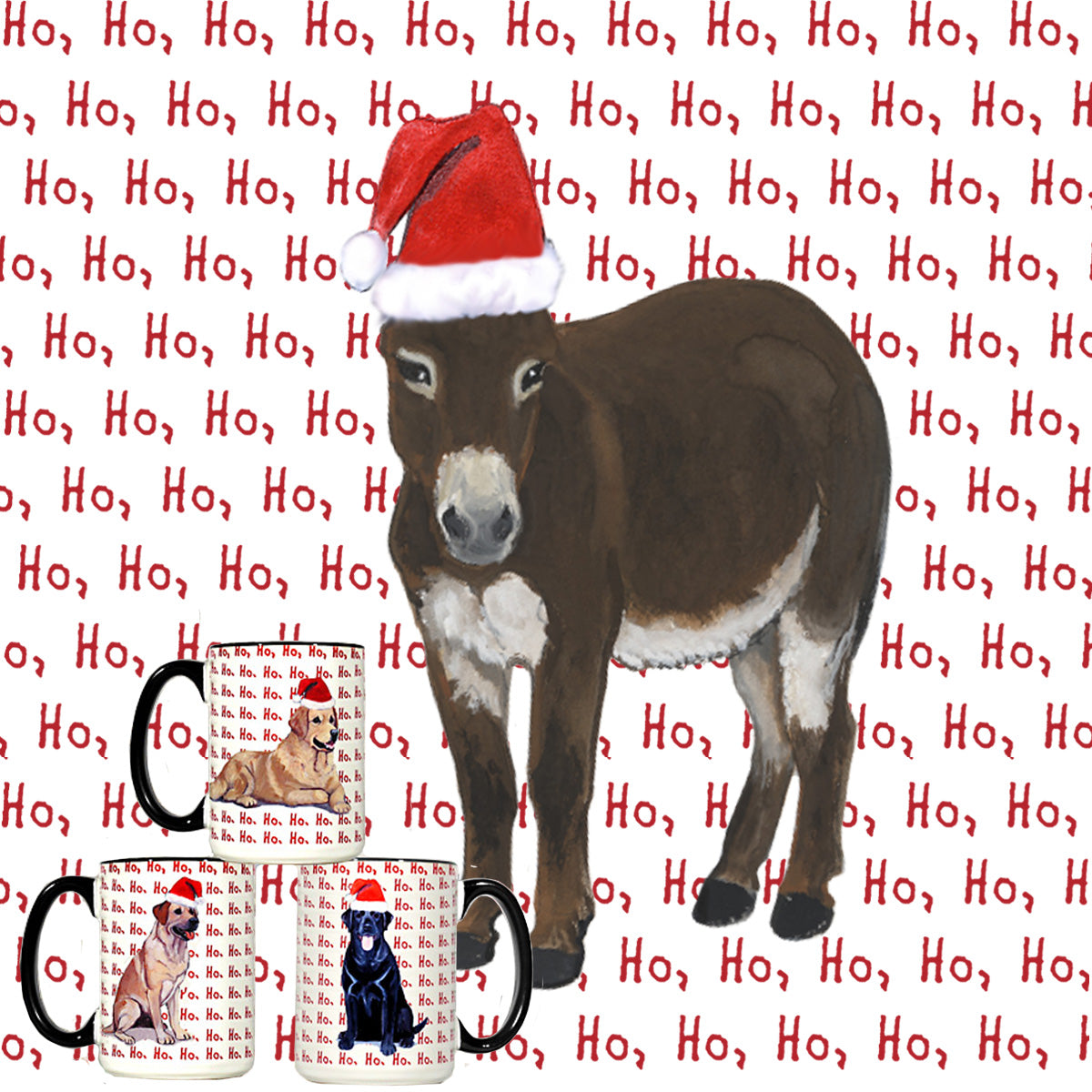 A festive mug design featuring a brown donkey wearing a red Santa hat, with smaller versions of the mug showing different dog breeds on a white background patterned with red 'Ho, Ho, Ho' text.