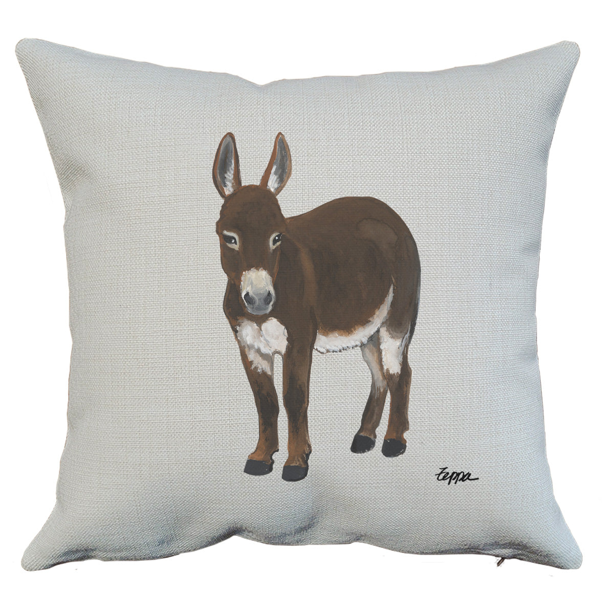 A square throw pillow in a linen-textured fabric, featuring a painted illustration of a brown mini donkey with white markings on the front.