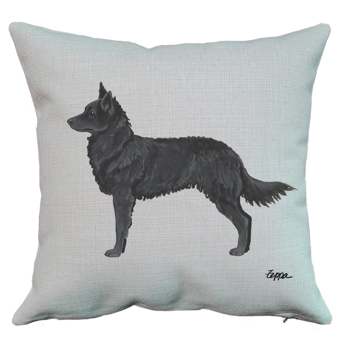 Mudi on a linen throw pillow