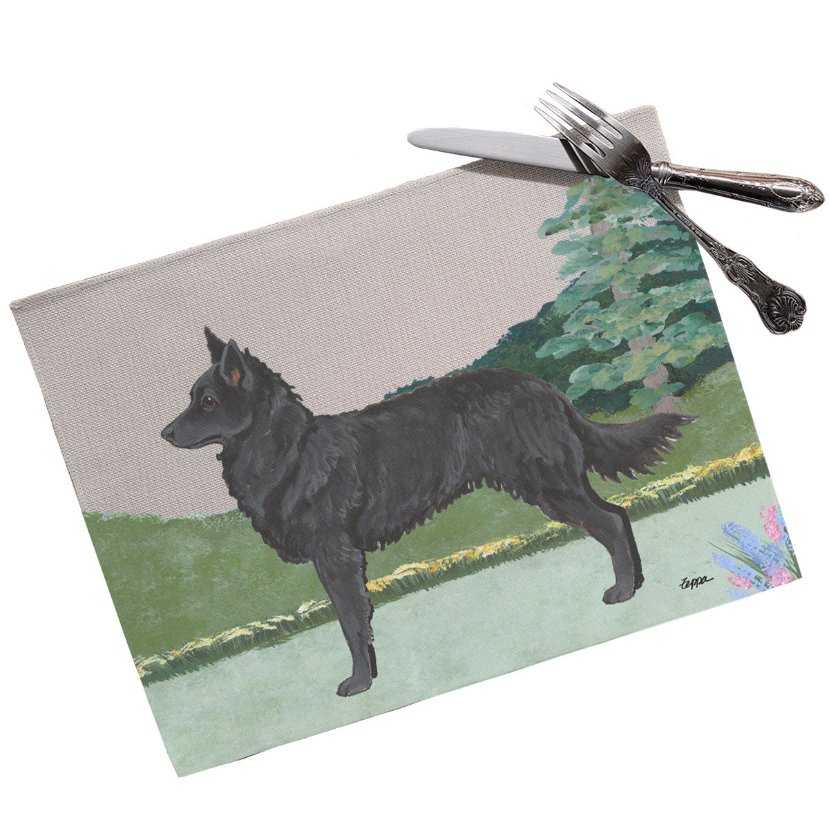 Mudi in the yard design on a linen placemat