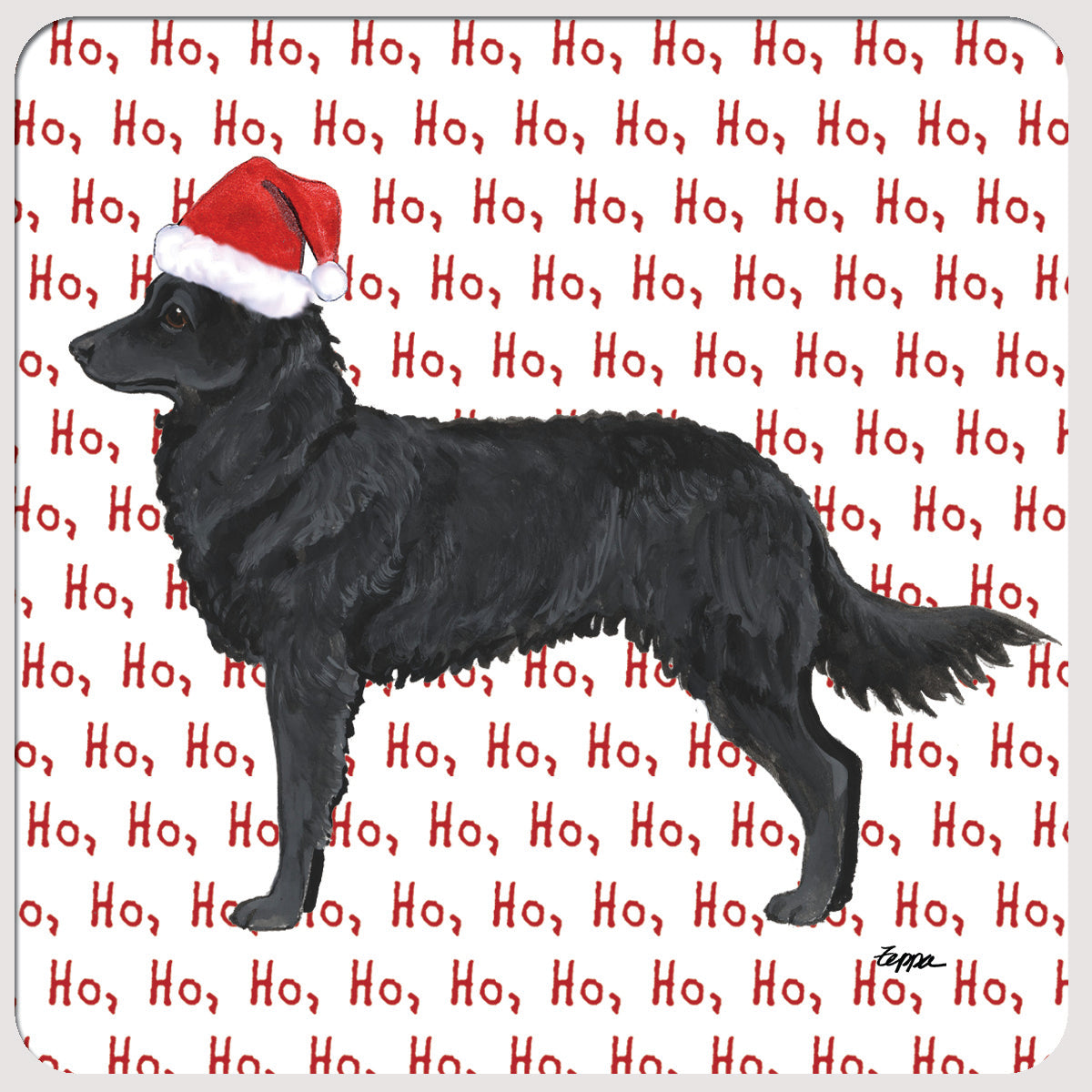Mudi in a Santa hat on  repeating ho ho ho text background beverage coaster.