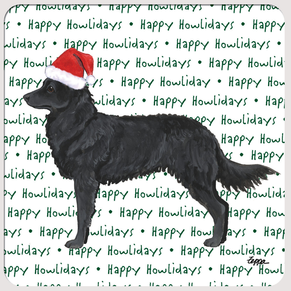 Mudi in a Santa hat on  repeating happy howlidays text background beverage coaster.