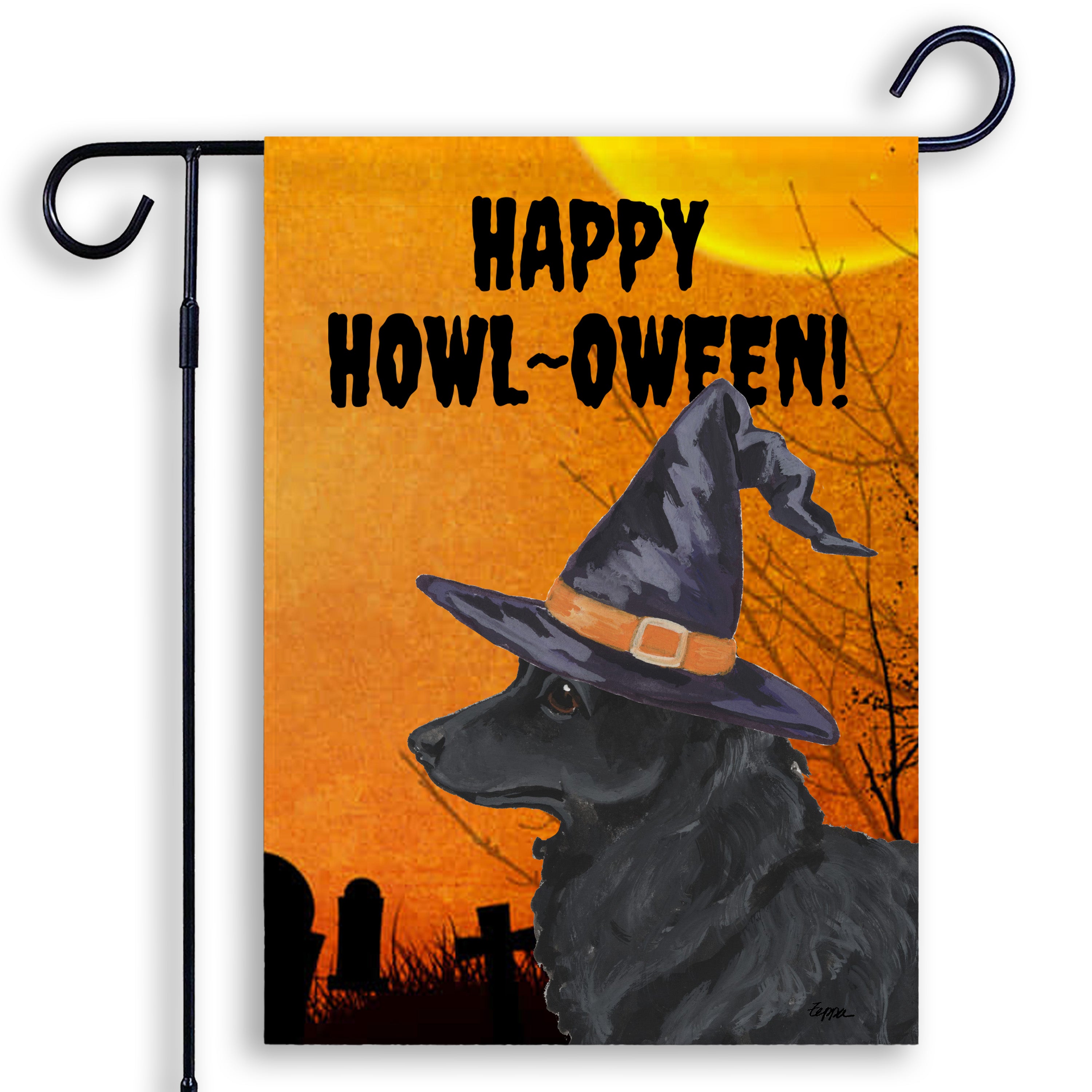 Mudi in a witch's hat on a Happy Howl-oween Garden Flag