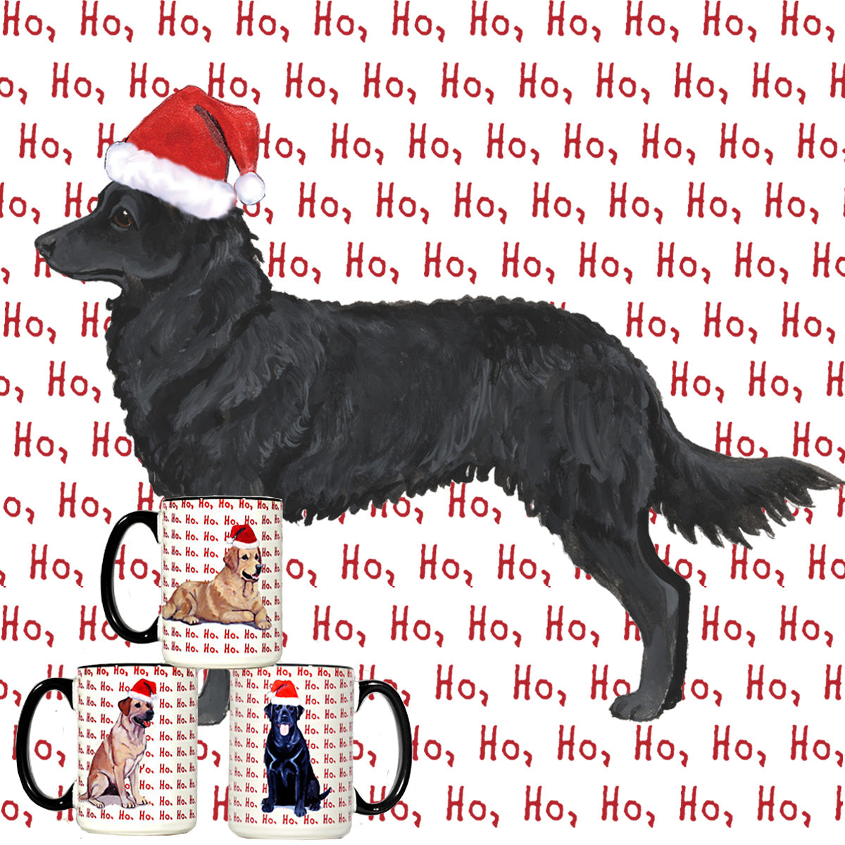 Mudi in a Santa hat on  repeating ho ho ho text background mug