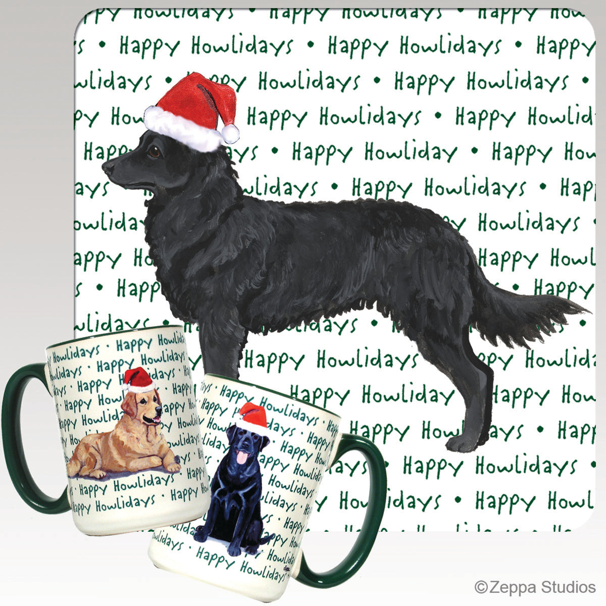 Mudi in a Santa hat on  repeating happy howlidays text background mug