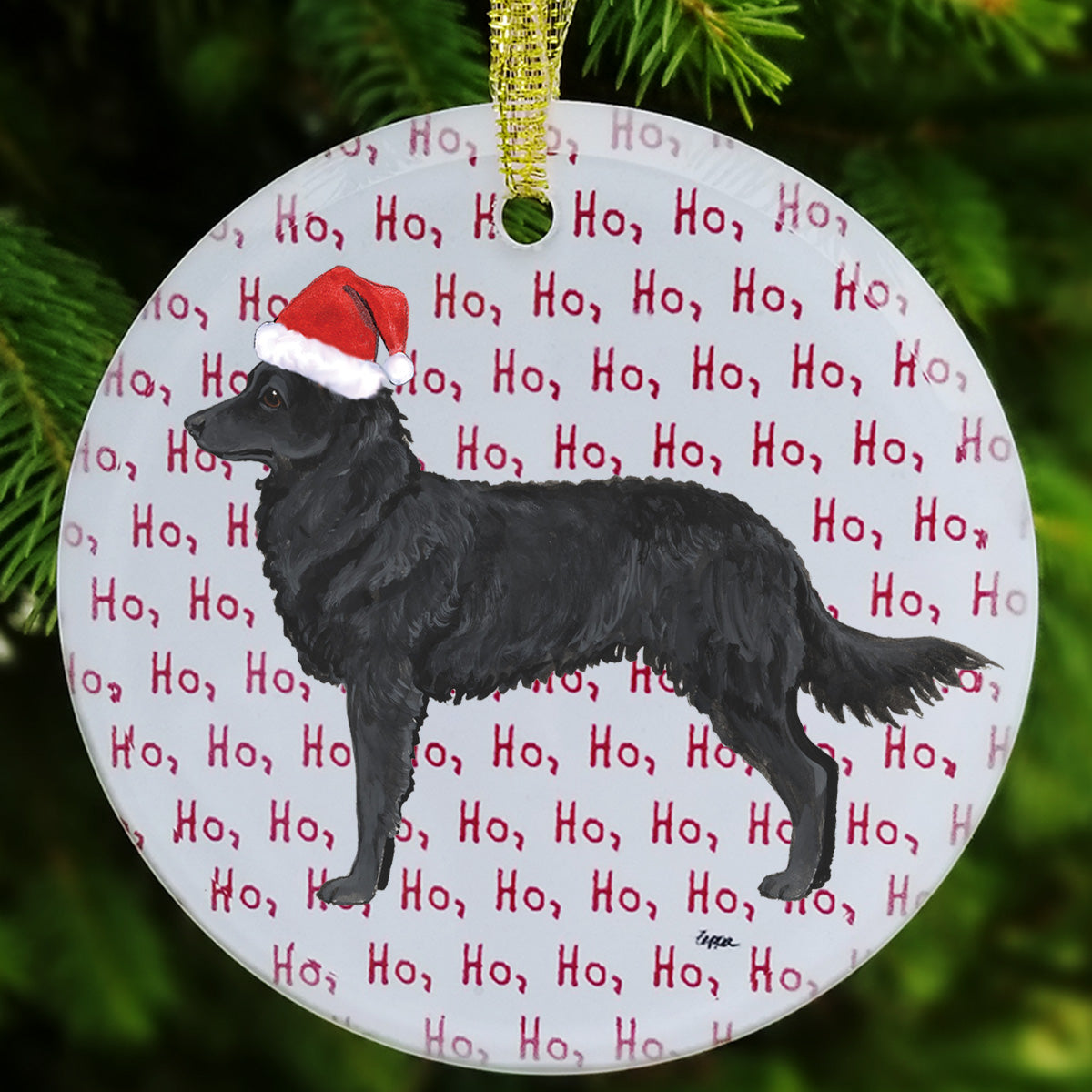 Mudi in a Santa hat on  repeating ho ho ho text background glass ornament