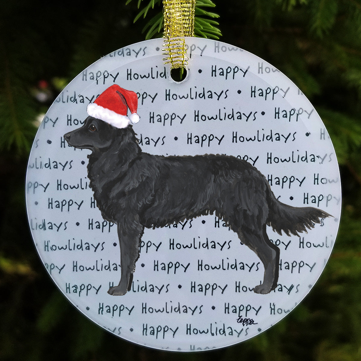 Mudi in a Santa hat on  repeating happy howlidays text background glass ornament