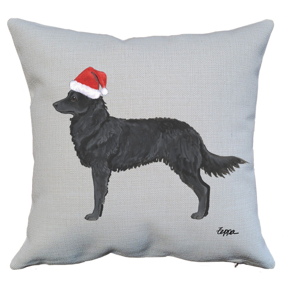 Mudi in a Santa Hat on a linen throw pillow
