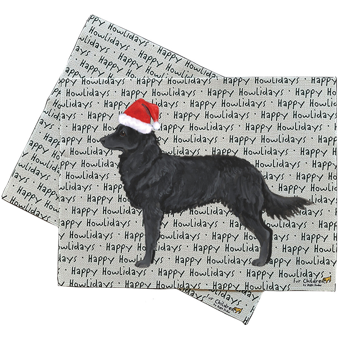 Mudi in a Santa hat on a repeating Happy Howlidays background on linen placemats