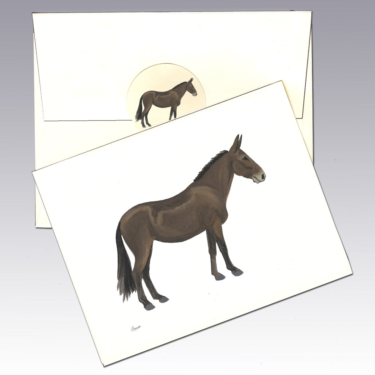 Mule illustration on an ivory note card with matching envelope and seal.
