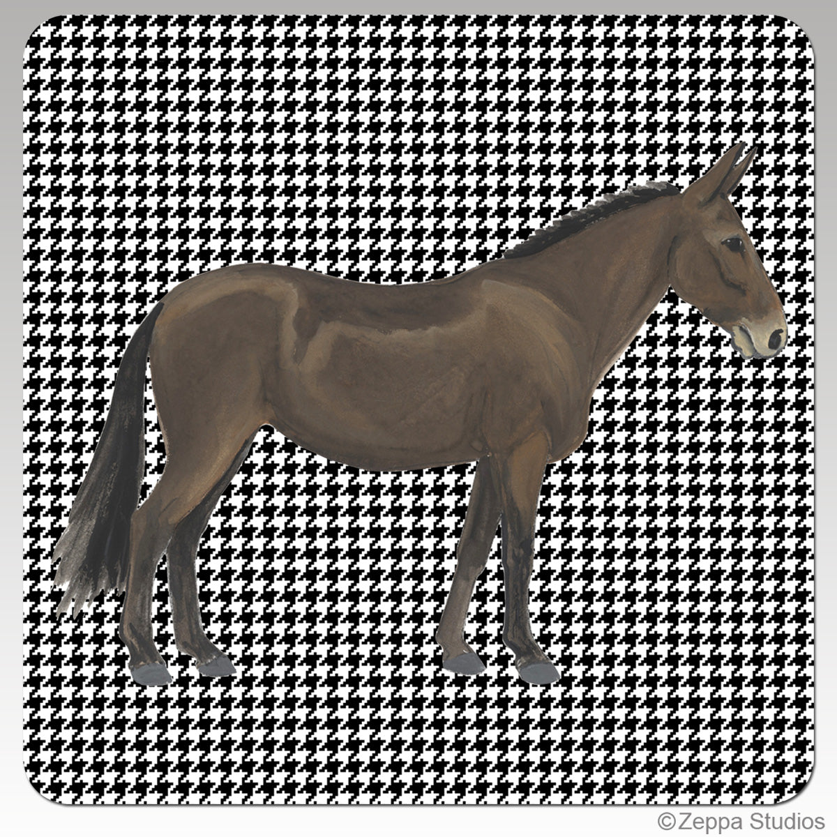 Square beverage coaster with rounded edges and a Mule on a black and white houndstooth pattern background.