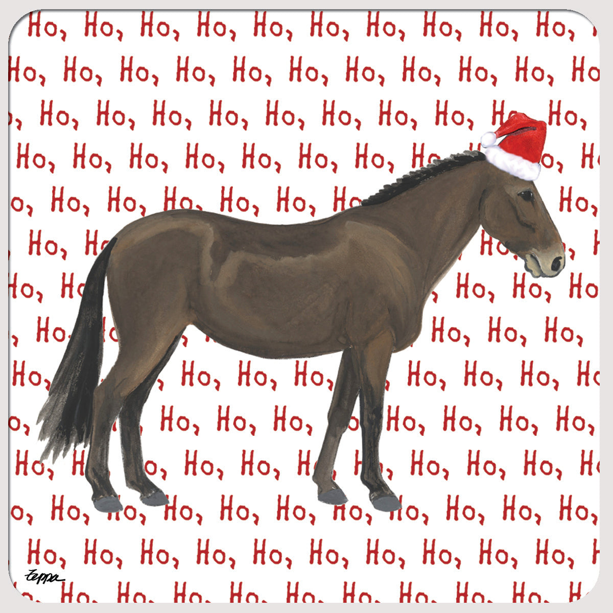 Square beverage coaster with rounded edges and a Mule in a Santa hat on a white background with repeating Ho Ho Ho text.