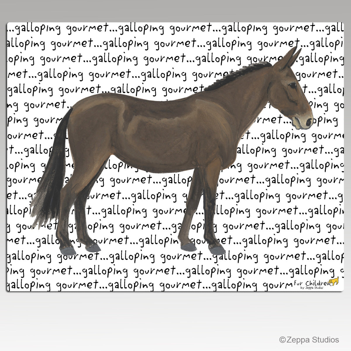 Mule illustration on a tempered glass cutting board with a white background and repeating galloping gourmet text.