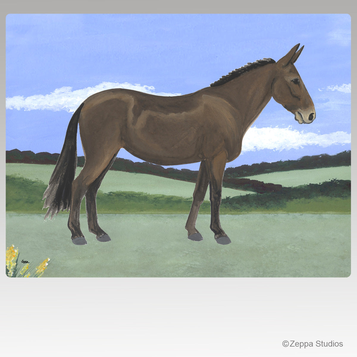 Mule in a field illustration on a rectangular tempered glass cutting board.