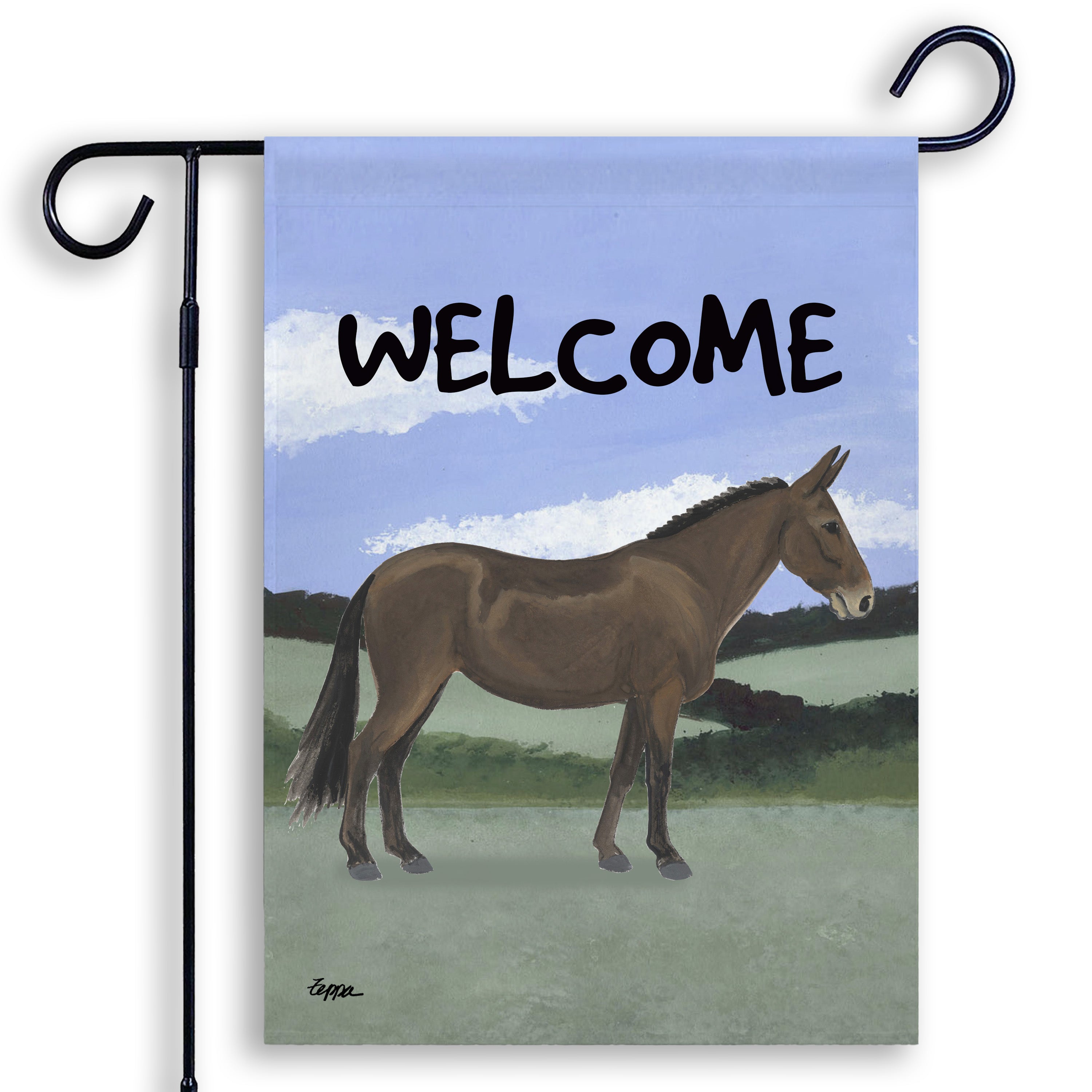Mule in a field illustration on a Welcome garden flag hanging from a metal stand.