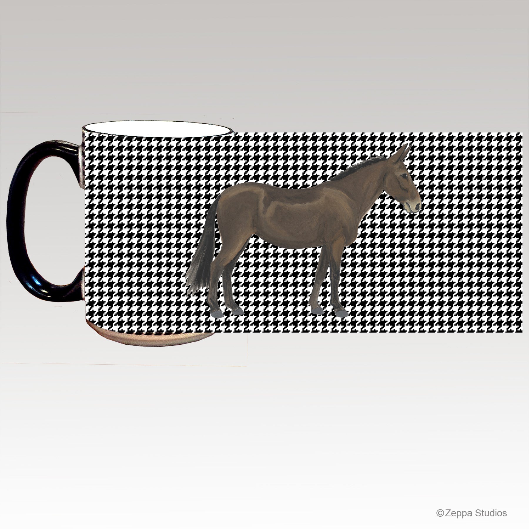 Ceramic mug with black trim and a Mule on a black and white houndstooth pattern wrap background.