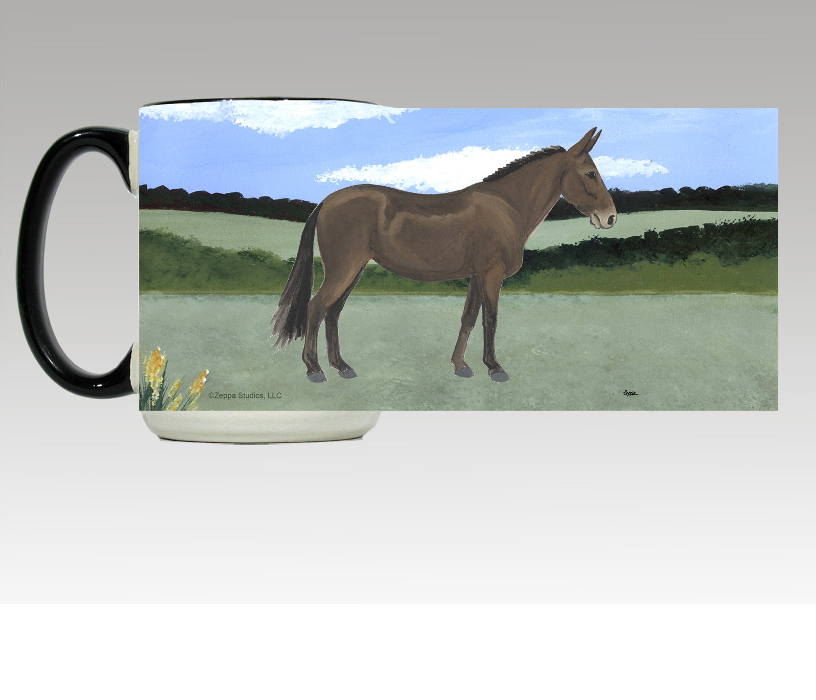 Mule in a field illustration wrap design on a ceramic mug with a black handle.
