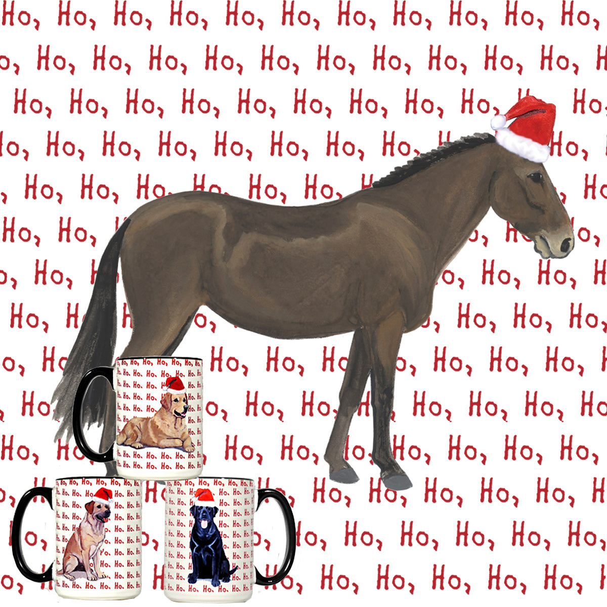 White ceramic mug with black trim and a Mule in a Santa hat on a red repeating Ho Ho Ho text background.