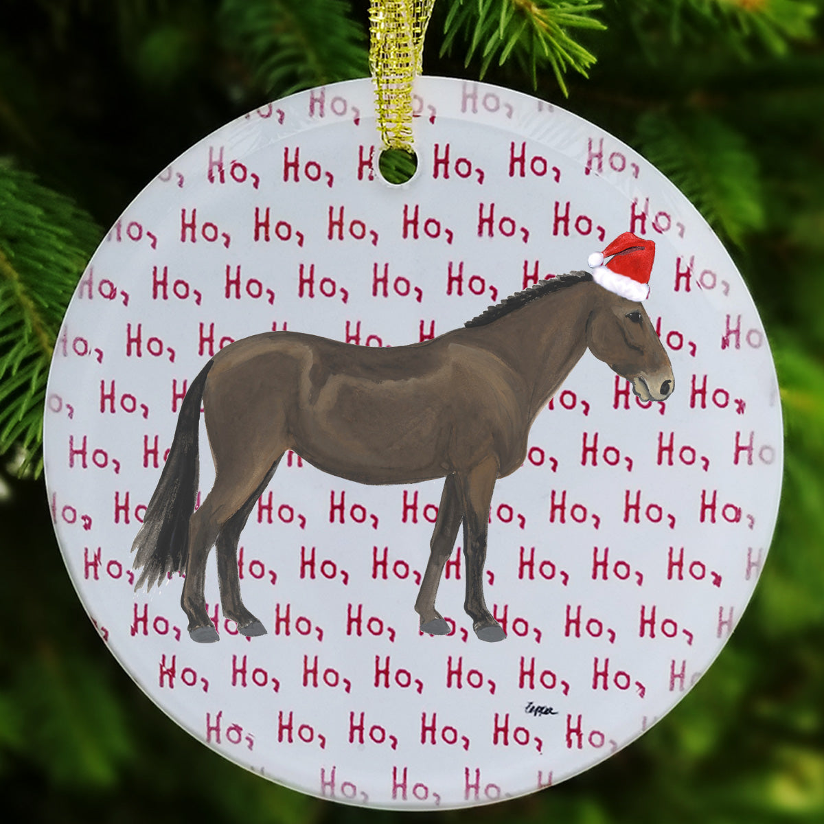 Round glass Christmas ornament with a Mule in a Santa hat on a white background with red repeating Ho Ho Ho text.