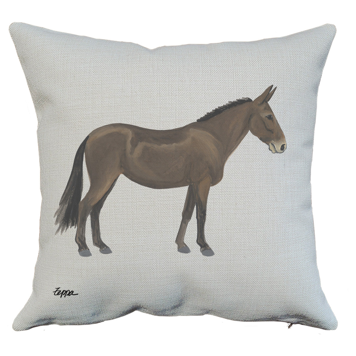 A square throw pillow in a linen-textured fabric, featuring a painted Mule design.