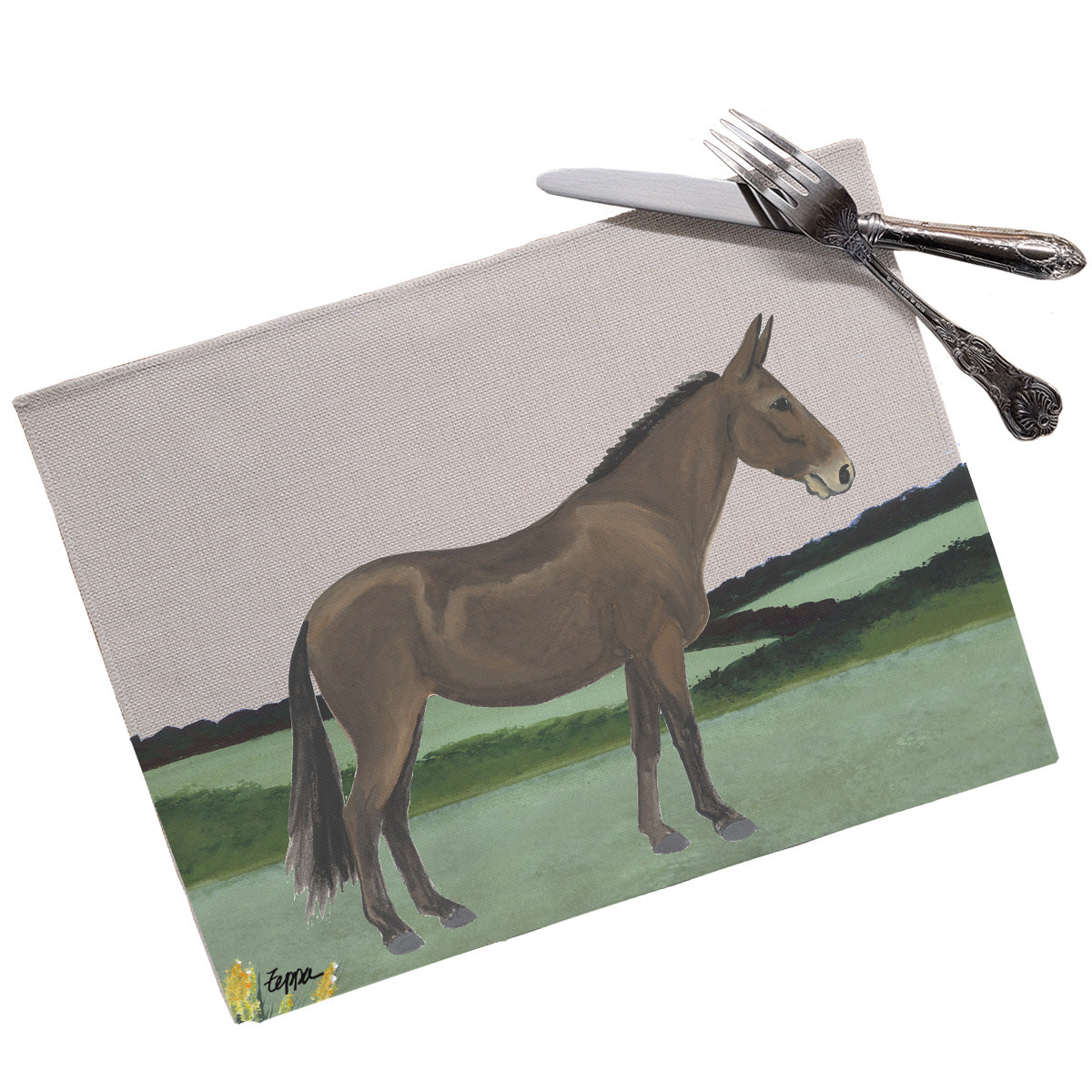 Mule in a field illustration on a rectangular linen placemat.